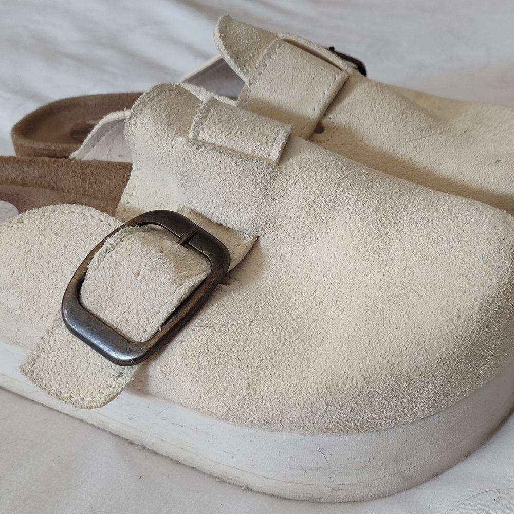 Cream Suede Clogs with Buckle